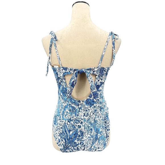 Berlook NWT Sz L Blue Retro Floral Drawstring Ruched Keyhole One-Piece Swimsuit - Picture 3 of 11